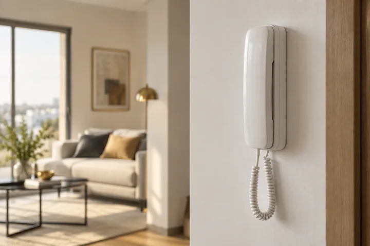 Interfone instalado em uma parede clara