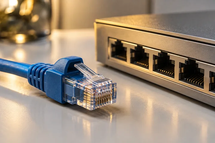 Conector de rede e switch sobre uma mesa