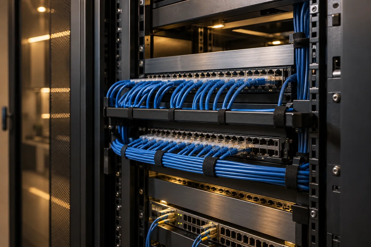 Cabeamento organizado em um rack de rede